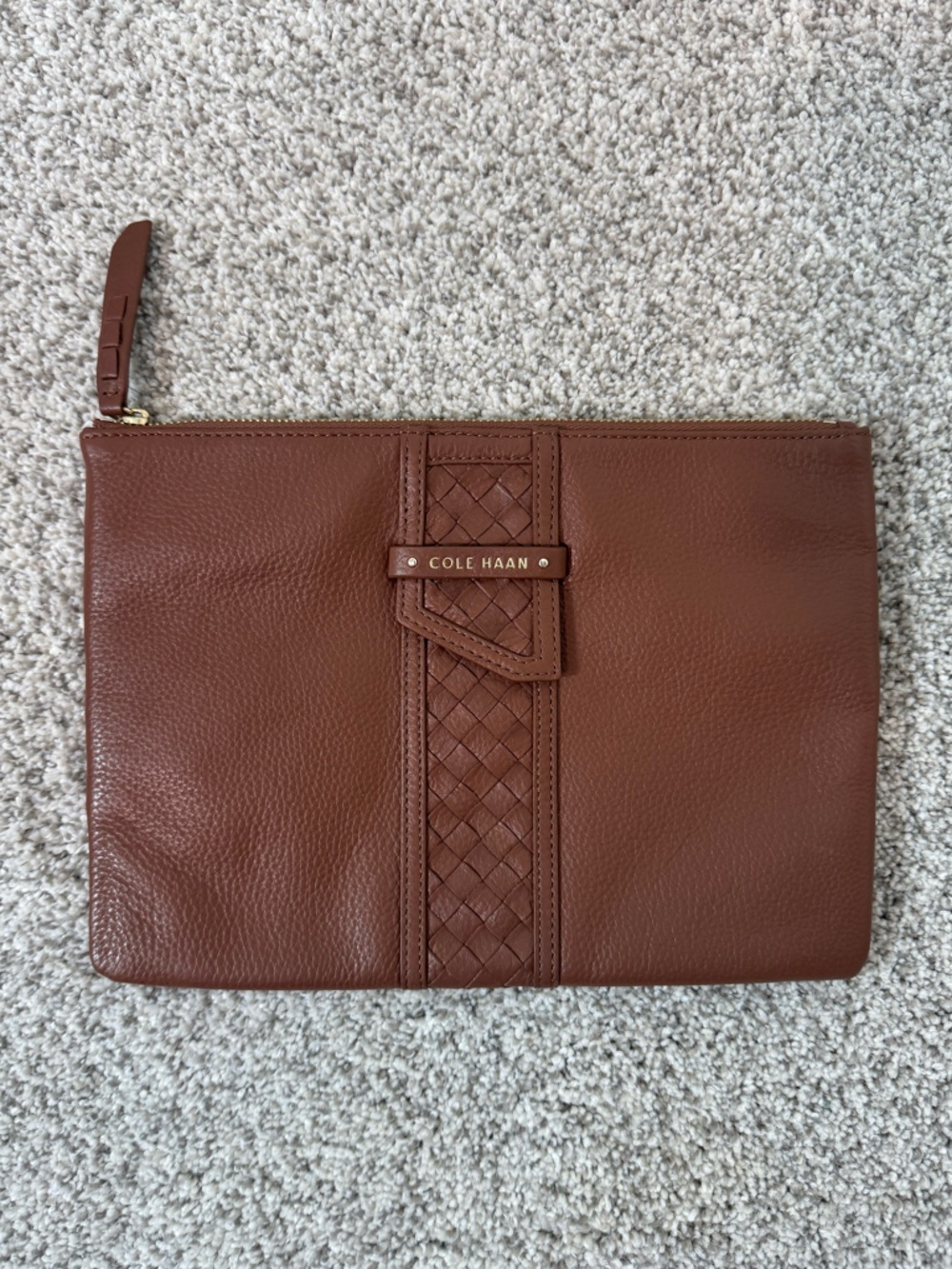 Cole Haan Woodbury Genuine Leather Zip Clutch Pouch Travel Gold Accents